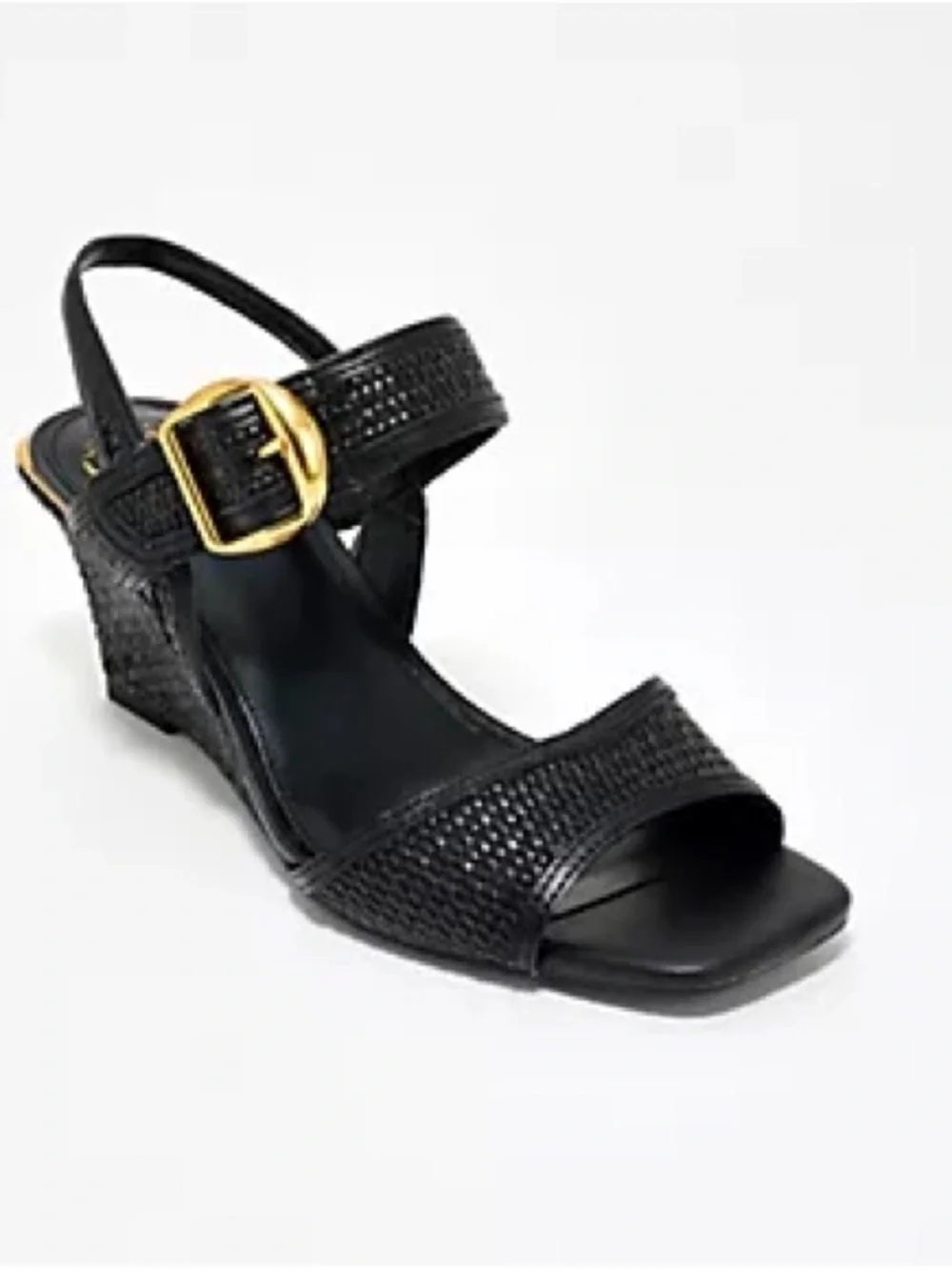 Vince Camuto Black Woven Slingback Wedge with Gold Buckle -Helcy Style